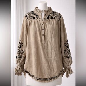 Tan Blouse with Black Embroidery